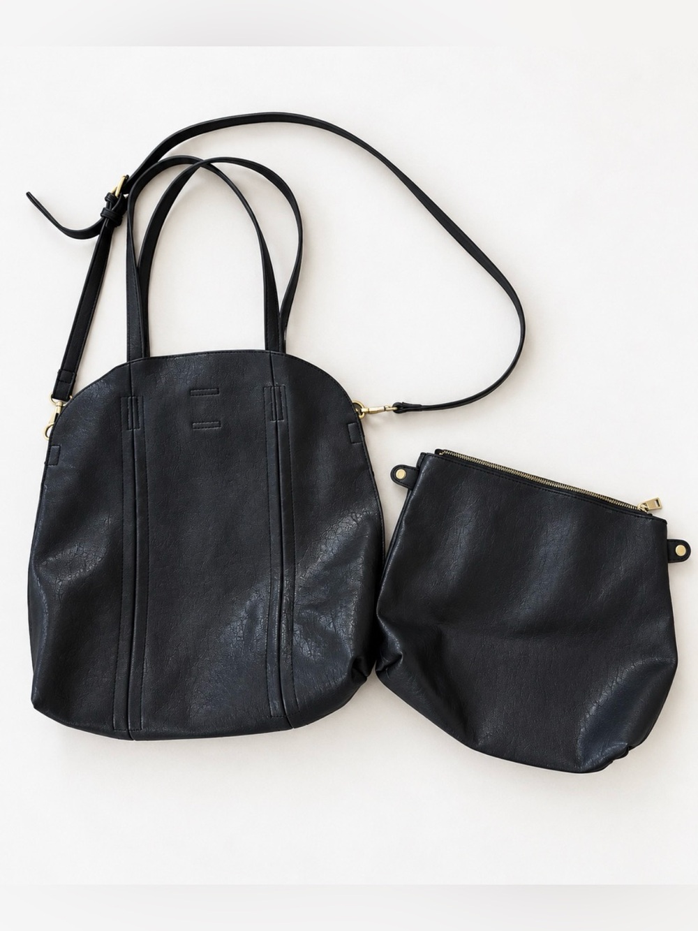 Antik Kraft Black Leather Shoulder Tote with Removable Pouch